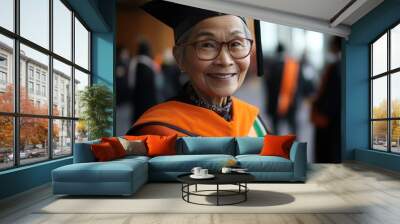 The headshot of a middle-aged Asian woman who is wearing her cap and gown in celebration of graduating. Stock photo. Wall mural