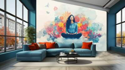 The image is based on a stock photo of a woman meditating with vivid nature energies appearing in her mind. It is not based on an original image or character, or on a real person. Wall mural