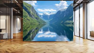 The midnight sun illuminates Anepollen Fjord, Nordland's clear sea waters and green trees Wall mural