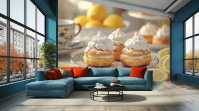 The sweets on the table are homemade. Profiterols and tea on the table. Food concept. Wall mural