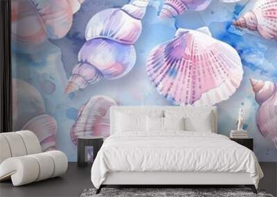 This seamless pattern features pink watercolor seashells on a blue background Wall mural