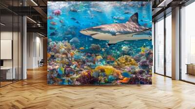 Wallpaper featuring a shark swimming along a coral reef Wall mural