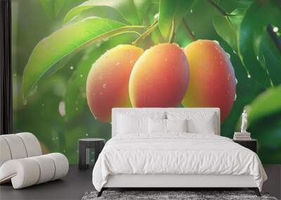 Watercolor tropical exotic fruit organic food illustrations of mangoes on a jungle background Wall mural