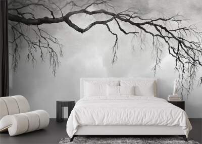 Willow branches on gray concrete grunge wall. Photo wallpaper, wallpaper, mural design in the loft, classic, modern style. Wall mural