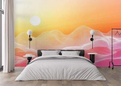 Wireframe design featuring a polygonal wave and an abstract landscape background Wall mural