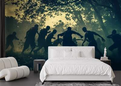 Zombie crowd with glowing eyes running, chasing, generating AI Wall mural