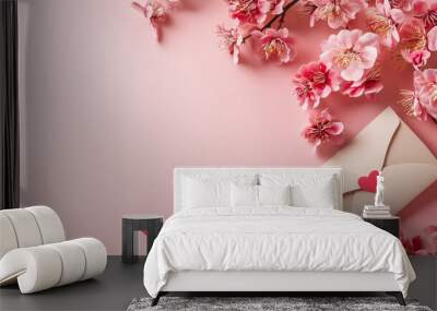 Elegant Valentine's Day background with pink flowers, hearts, and a beige envelope on a pastel surface Wall mural