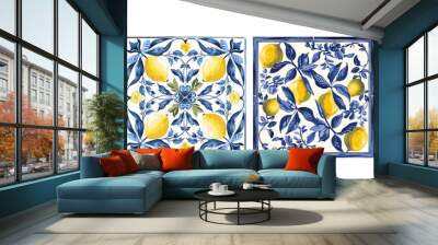 Mediterranean Italian tile with blue ornament, plants and basil leaves and yellow lemons, painted with paints. Vector illustration of a pattern or floral mosaic for your design Wall mural