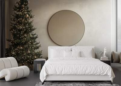 Minimalist Christmas living room with a decorated tree, neutral tones, and modern furnishings Wall mural