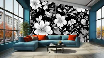 Monochrome floral pattern with intricate flowers and leaves in a seamless design for wallpaper or fabric decoration Wall mural