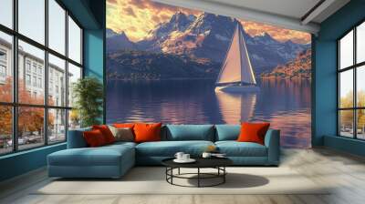 Sailboat drifting on calm water with majestic mountains and a vibrant sky at sunset Wall mural