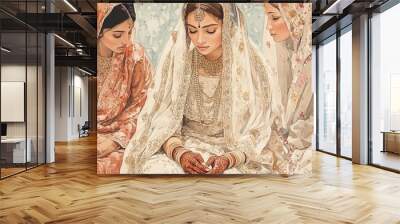 Traditional South Asian bride with intricate henna, surrounded by bridesmaids in elegant attire, deep in thought Wall mural