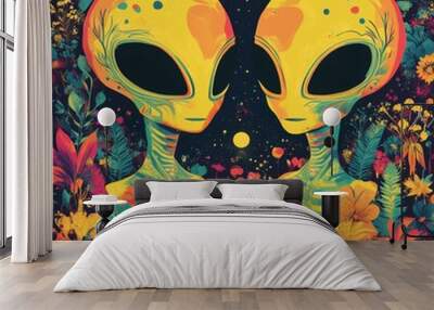 Vibrant surreal illustration of two aliens surrounded by colorful flowers, blending science fiction and nature in a psychedelic artistic style Wall mural