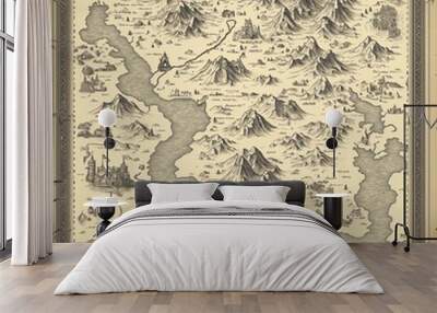 Vintage fantasy map with mountains, rivers, and castles in an ornate border Wall mural