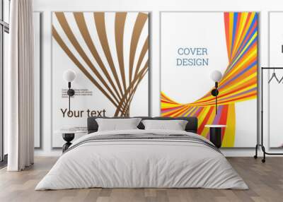 A set of 4 abstract covers. Wavy parallel gradient lines, ribbons evolve. Cover design, background. Trendy banner, poster. Wall mural