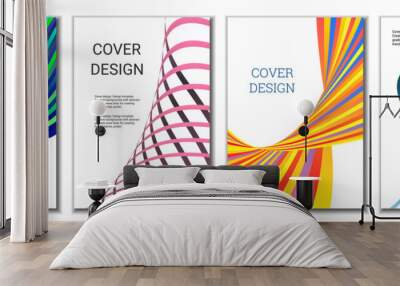 A set of 4 abstract covers. Wavy parallel gradient lines, ribbons evolve. Cover design, background. Trendy banner, poster. Wall mural