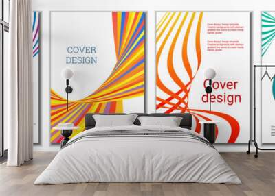 A set of 4 abstract covers. Wavy parallel gradient lines, ribbons evolve. Cover design, background. Trendy banner, poster. Wall mural