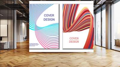 A set of 4 abstract covers. Wavy parallel gradient lines, ribbons evolve. Cover design, background. Trendy banner, poster. Wall mural