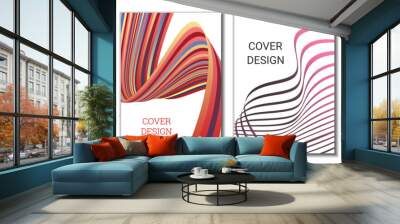 A set of 4 abstract covers. Wavy parallel gradient lines, ribbons evolve. Cover design, background. Trendy banner, poster. Wall mural