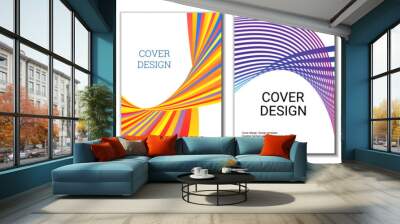 A set of 4 abstract covers. Wavy parallel gradient lines, ribbons evolve. Cover design, background. Trendy banner, poster. Wall mural