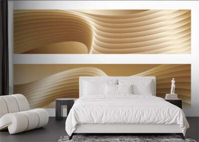 Wavy golden parallel gradient lines, ribbons, silk. Golden with shades of yellow background, banner, poster. Set of 2 backgrounds. Eps vector Wall mural