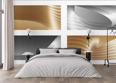 Wavy silver and gold parallel gradient lines, ribbons, silk. Set of 4 backgrounds. Black and white with shades of gray or golden silk. Banner, poster. eps vector Wall mural