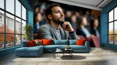 Young man attentively listening at a formal event or seminar while seated in an auditorium with focused expression Wall mural