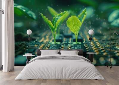 seedlings growing out of a circuit board computer chips Wall mural