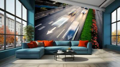 car driving on city road, high angle view Wall mural