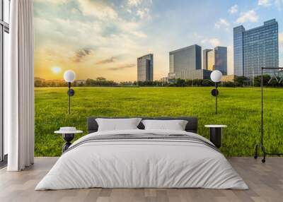 green lawn with city skyline background, shanghai china Wall mural