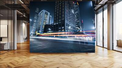 the light trails on the modern building background. Wall mural