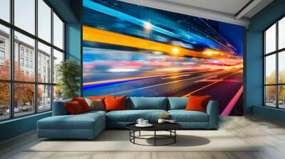 the light trails on the modern building background. Wall mural