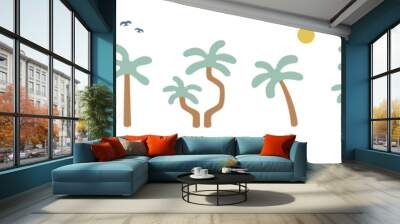 boho groovy palm tree beach sun sea. Surf club vacation and sunny summer day aesthetic. Vector illustration background in trendy retro naive simple style. Pastel yellow blue braun collors Wall mural