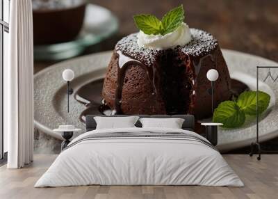 a rich chocolate lava cake placed on a white ceramic plate Wall mural