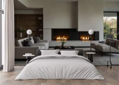 minimalist modern living room featuring a wall-mounted fireplace Wall mural