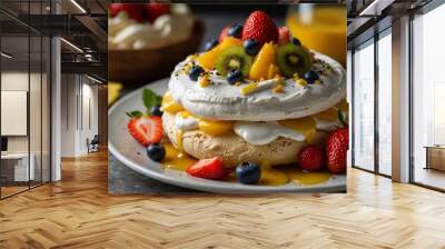 pavlova topped with whipped cream and fresh fruits Wall mural