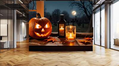 Charming Halloween decorations featuring a carved jack-o-lantern pumpkin and candles Wall mural