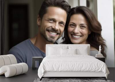 A close-up portrait of an attractive couple smiling. Wall mural