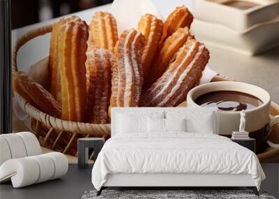 A plate of churros with chocolate sauce, in an elegant basket on the table.food photography Wall mural