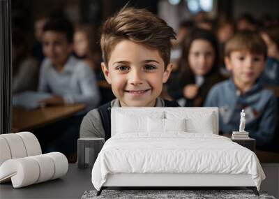 Boy sits in an elementary school class, he is looking at the camera, photography. Wall mural