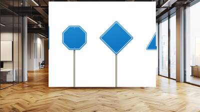 Blue road signs different shapes on metal post front view. Realistic set of blank traffic sign boards directions, location or notice on highway, city street or car road. Wall mural