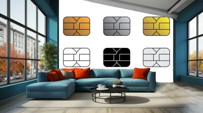 EMV gold, silver and flat chip icon for bank plastic credit or debit charge card. Vector EMV chip illustration set. Wall mural