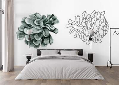 2 pine cones drawing isolated on white background set for all prints. Wall mural