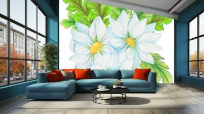 watercolor illustration, floral composition, large flowers in white and blue, leaves, for design Wall mural