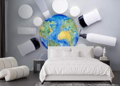 Waste cosmetic recycling products. Save the planet. Environmental protection and sustainability concept. Flat lay.  Wall mural