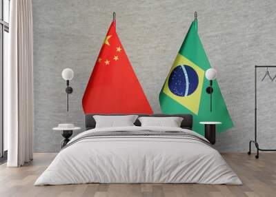 Table flags of Brazil and China on grey blurred background Wall mural