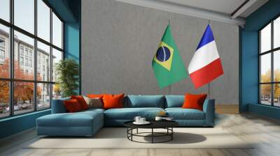 Table flags of France and Brazil on grey blurred background Wall mural