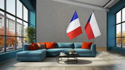 Table flags of France and Czech Republic on grey blurred background Wall mural