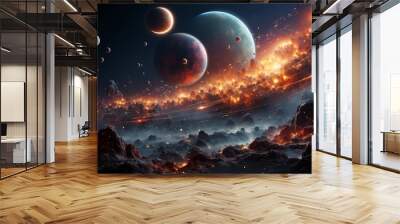 A colorful space scene with multiple planets and stars. Wall mural