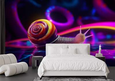 a snail with a colorful swirling shell crawling on a surface with neon light trails. Wall mural